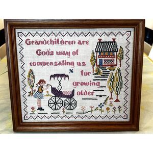 Vintage original cross stitch; Framed; Grandchildren theme